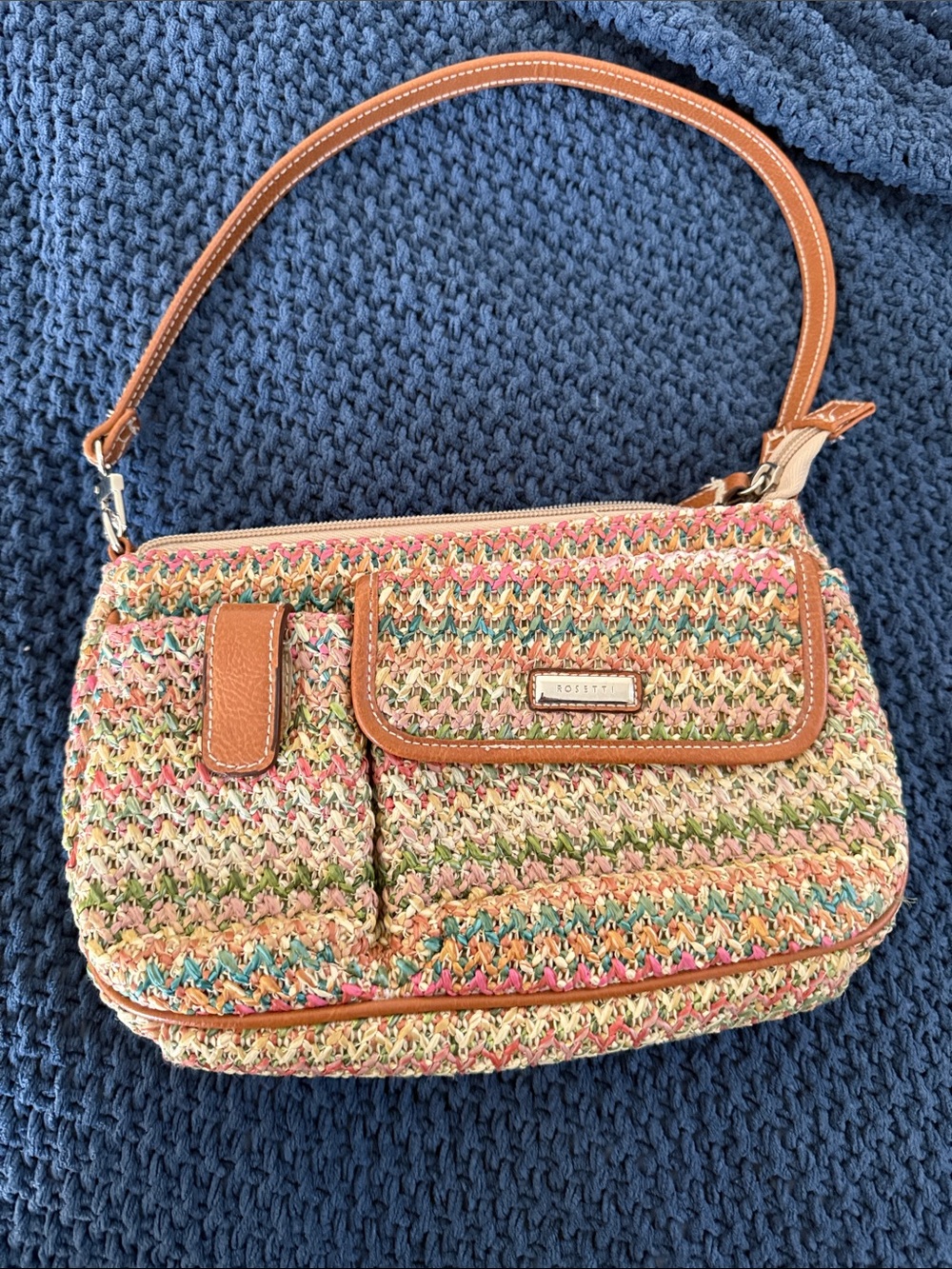 Rosetti Multicolor Woven Shoulder Bag with Tan Trim